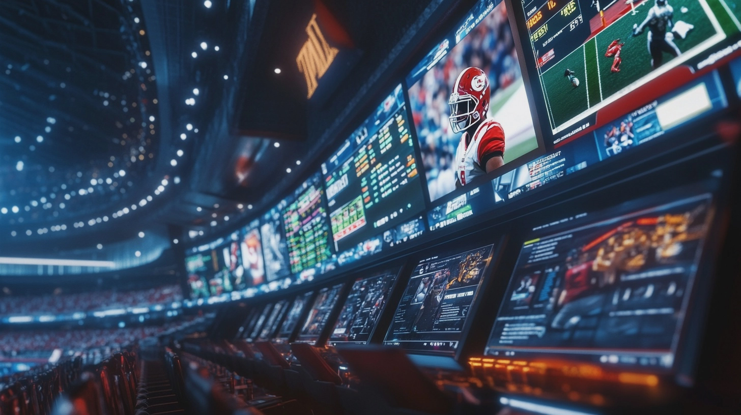 Multiple sports betting websites displayed on computer screens, comparison concept, betting odds, football and basketball elements, professional review website style, realistic, ultra detailed