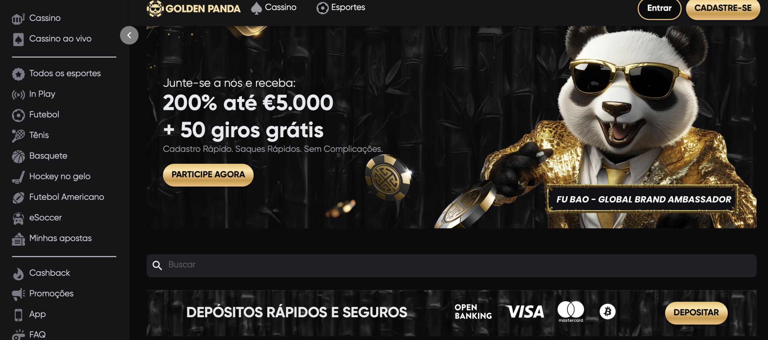 Golden Panda - Bônus de 200% até €5.000 com Cashback Semanal nas Apostas