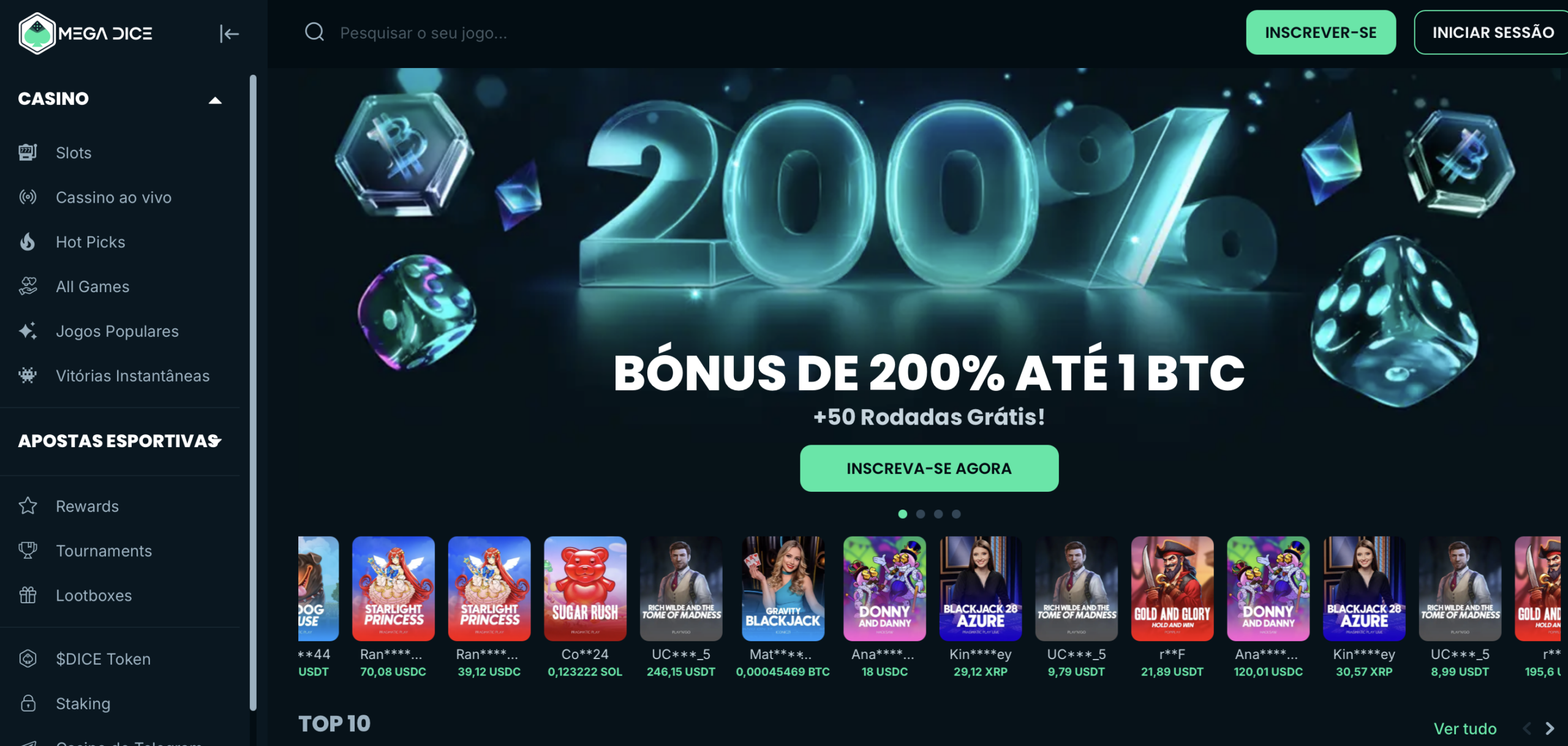 Mega Dice - Cassino Cripto Anônimo com Saques em até 10 Minutos
